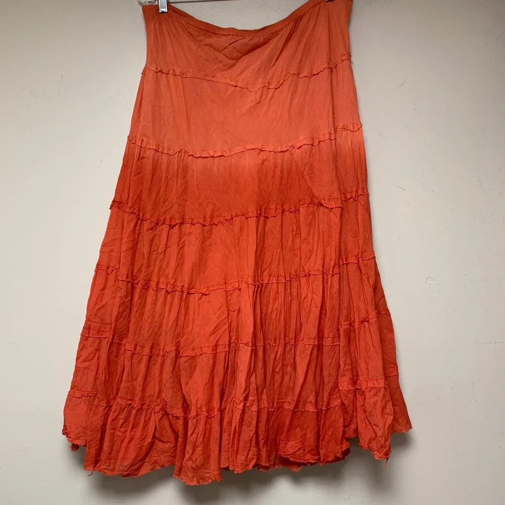Mileage Tiered Maxi Skirt Womens Large Coral Orange Ombre Cotton Boho Ruffle